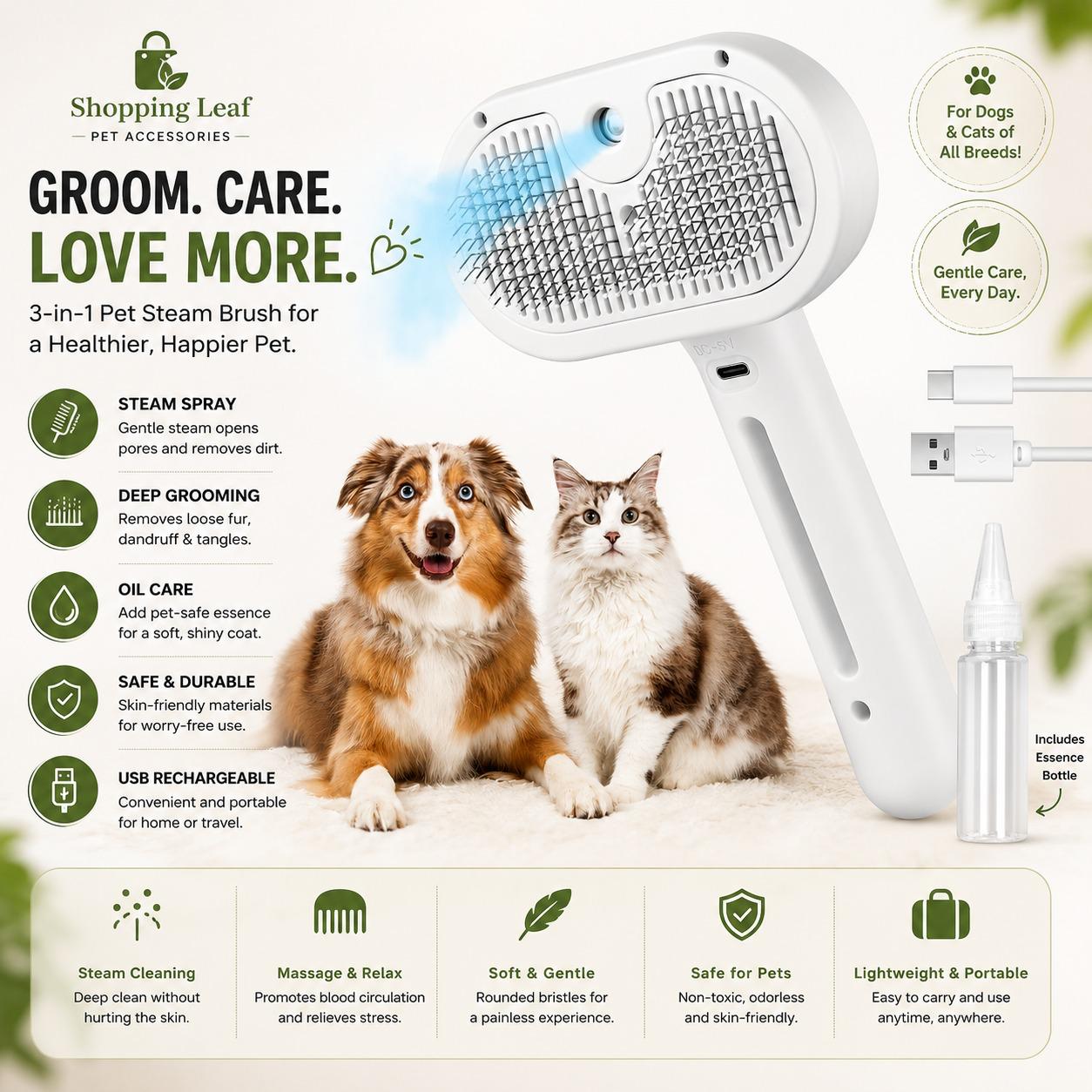 3 In 1 Cat Steam Brush, Pet Steam Brush For Cat Dog